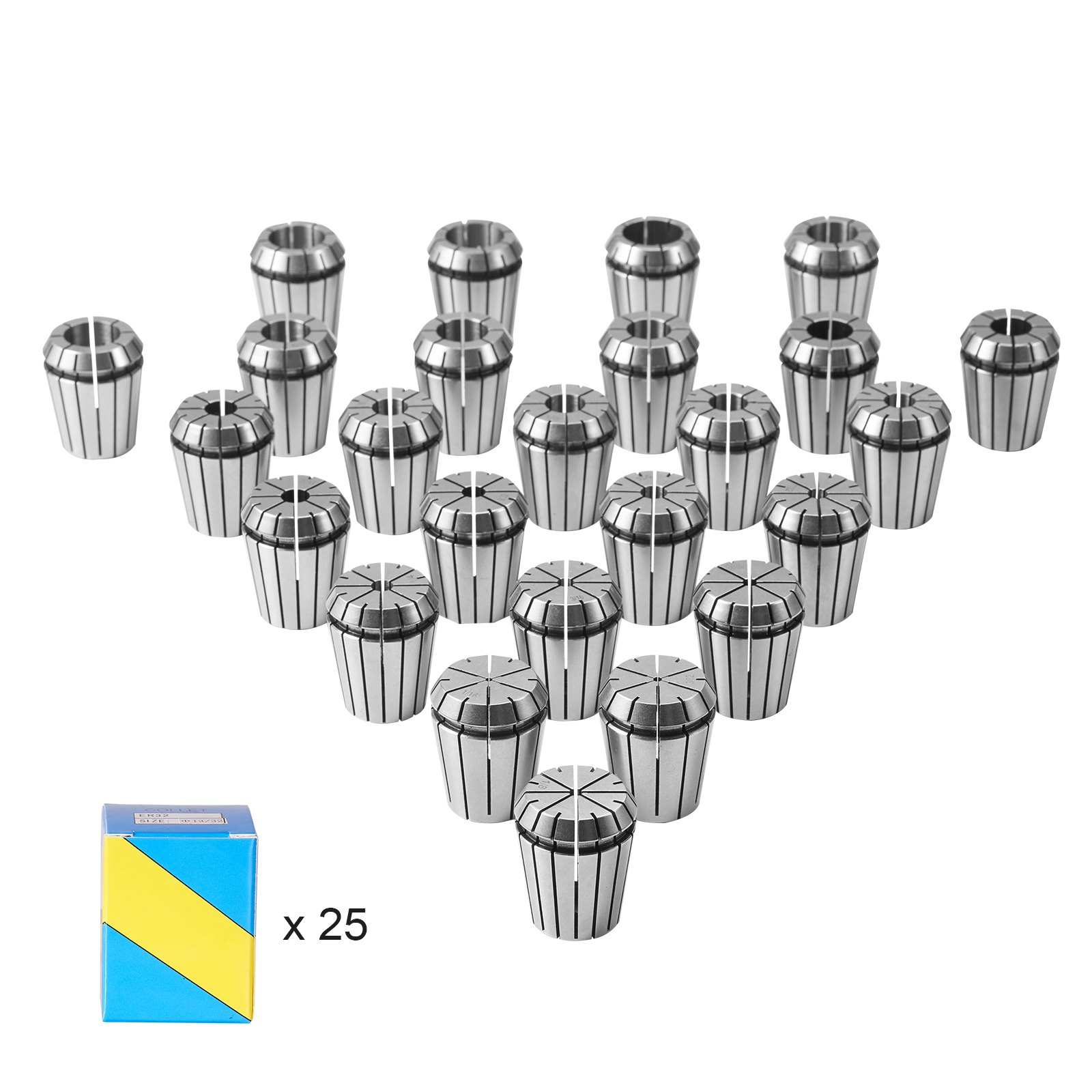 VEVOR 25 pcs ER32 Collet Set, 1/16''-13/16'', ER32 Spring Collet Chuck Set, 0.0006"/15 μm TIR Lathe Chuck Tool with 25 Labeled Storage Boxes, for CNC Engraving Machine Milling Lathe Tool Drill Press