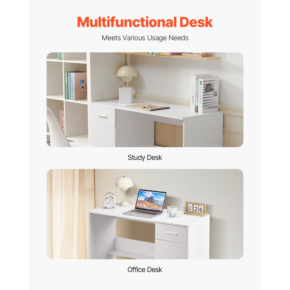 VEVOR Small Desk with Drawer, Kids Desk for Bedroom, Wooden Simple Study Table for Drawing, Reading, Writing, Rectangle MDF Study Storage Table with Adjustable Shelf for Home, Office, White