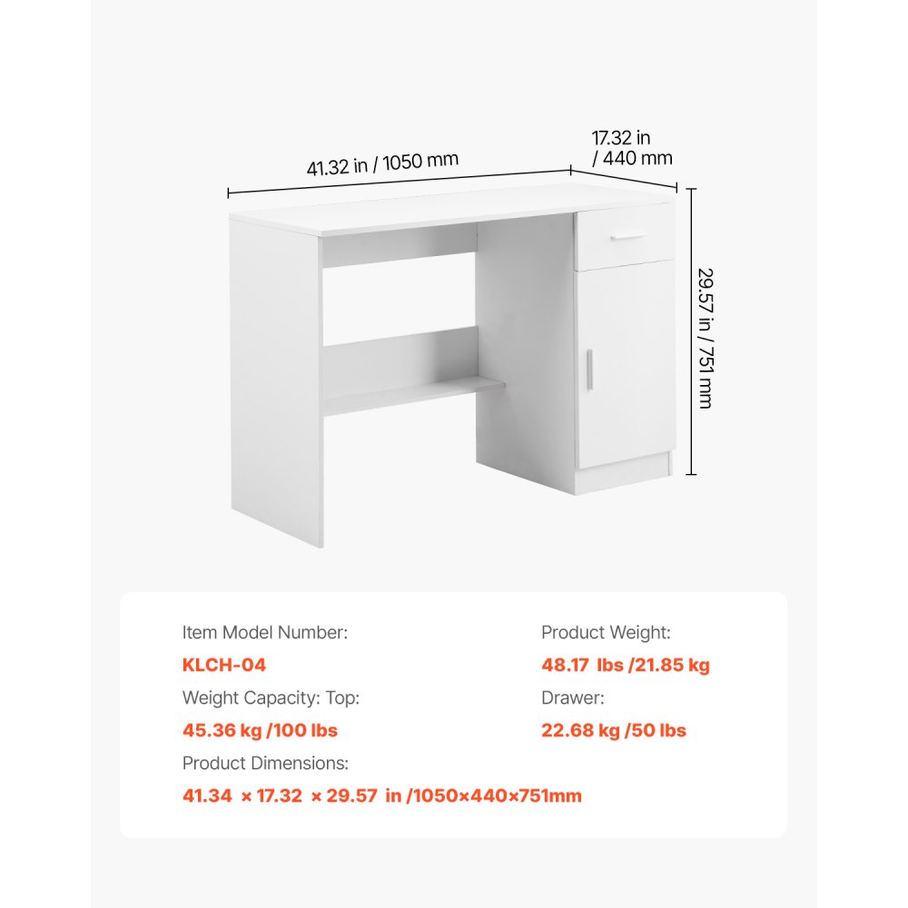 VEVOR Small Desk with Drawer, Kids Desk for Bedroom, Wooden Simple Study Table for Drawing, Reading, Writing, Rectangle MDF Study Storage Table with Adjustable Shelf for Home, Office, White