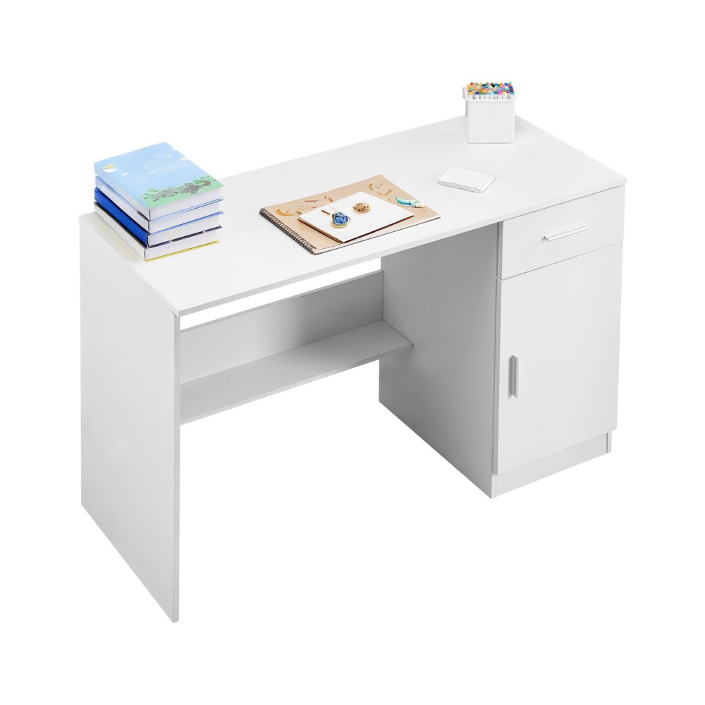 VEVOR Small Desk with Drawer, Kids Desk for Bedroom, Wooden Simple Study Table for Drawing, Reading, Writing, Rectangle MDF Study Storage Table with Adjustable Shelf for Home, Office, White