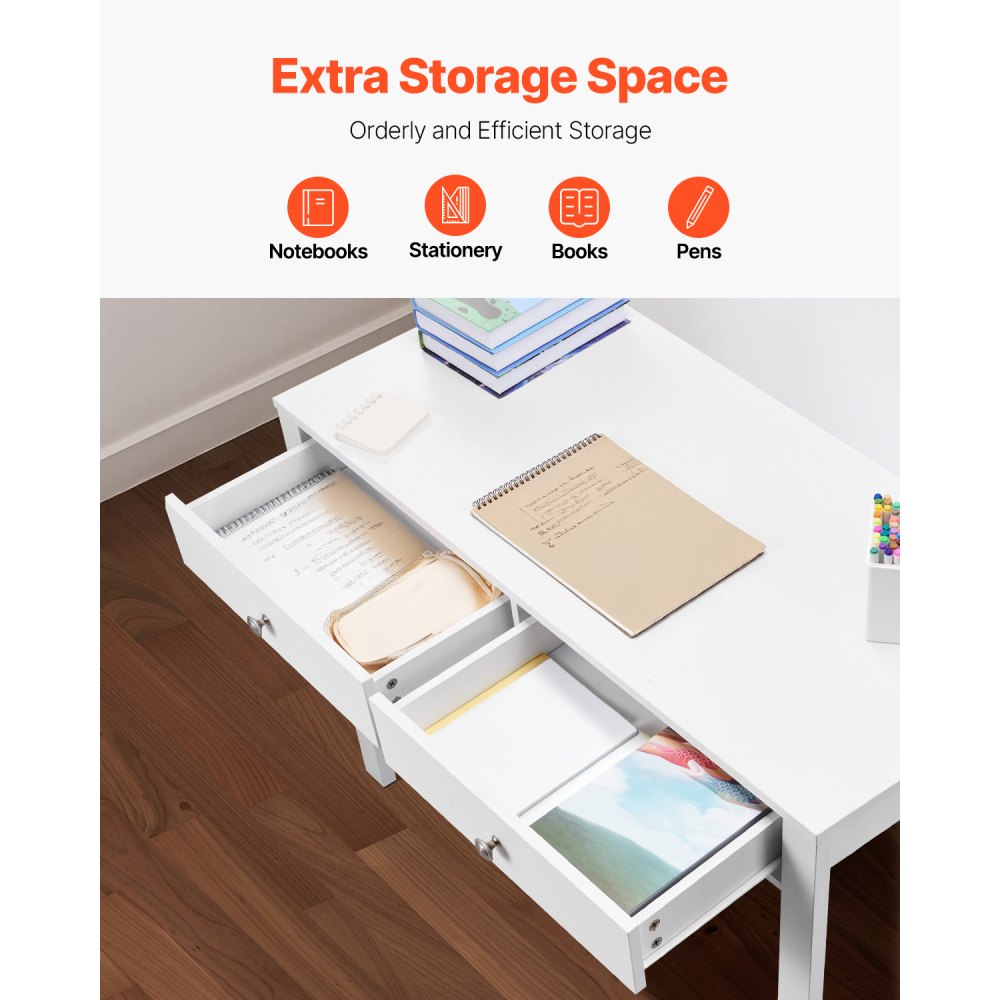 VEVOR Small Desk with Drawers, Kids Desk for Bedroom, Modern Simple Study Table for Drawing, Reading, Writing, Rectangle MDF Furniture Study Storage Table for Home, Office, White