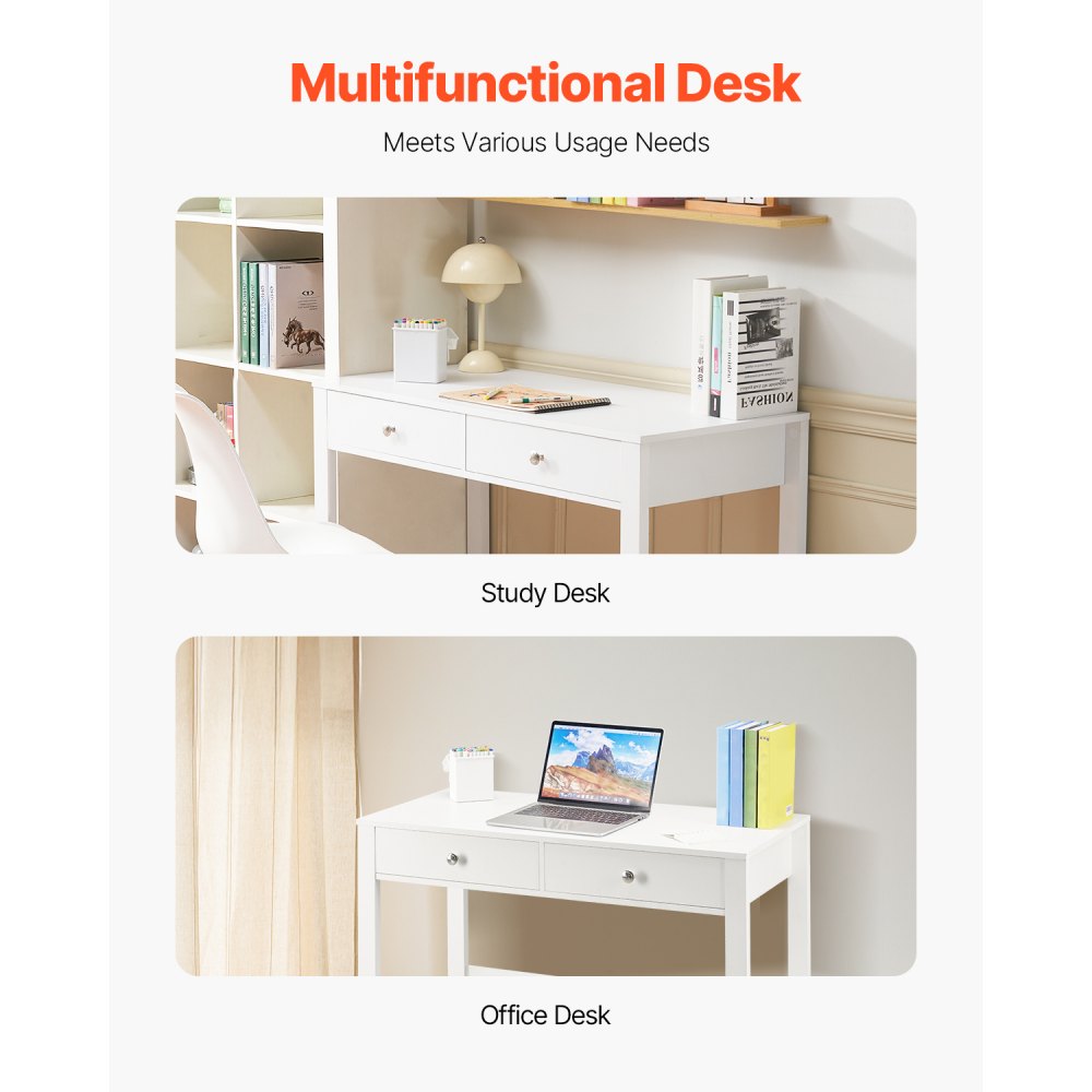 VEVOR Small Desk with Drawers, Kids Desk for Bedroom, Modern Simple Study Table for Drawing, Reading, Writing, Rectangle MDF Furniture Study Storage Table for Home, Office, White