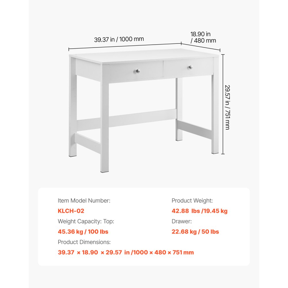 VEVOR Small Desk with Drawers, Kids Desk for Bedroom, Modern Simple Study Table for Drawing, Reading, Writing, Rectangle MDF Furniture Study Storage Table for Home, Office, White