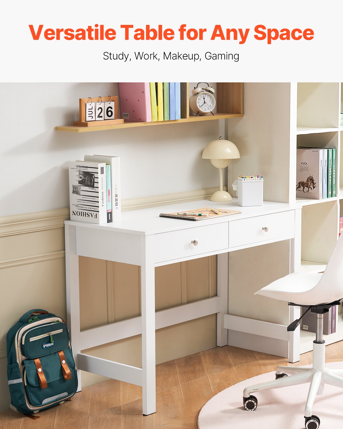 VEVOR Small Desk with Drawers, Kids Desk for Bedroom, Modern Simple Study Table for Drawing, Reading, Writing, Rectangle MDF Furniture Study Storage Table for Home, Office, White