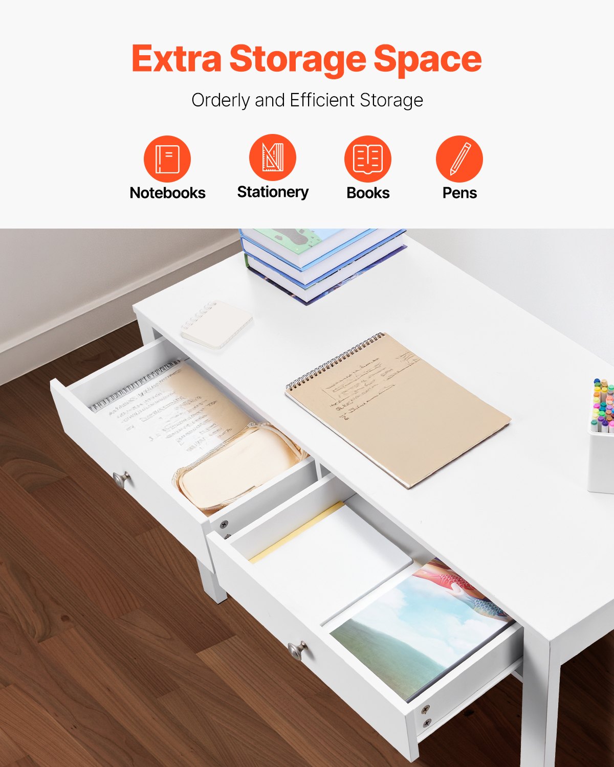 VEVOR Small Desk with Drawers, Kids Desk for Bedroom, Modern Simple Study Table for Drawing, Reading, Writing, Rectangle MDF Furniture Study Storage Table for Home, Office, White