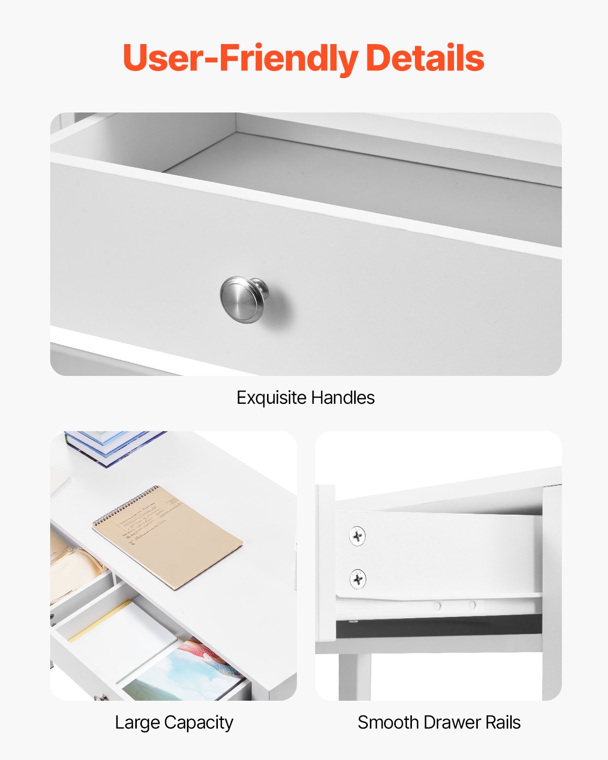 VEVOR Small Desk with Drawers, Kids Desk for Bedroom, Modern Simple Study Table for Drawing, Reading, Writing, Rectangle MDF Furniture Study Storage Table for Home, Office, White