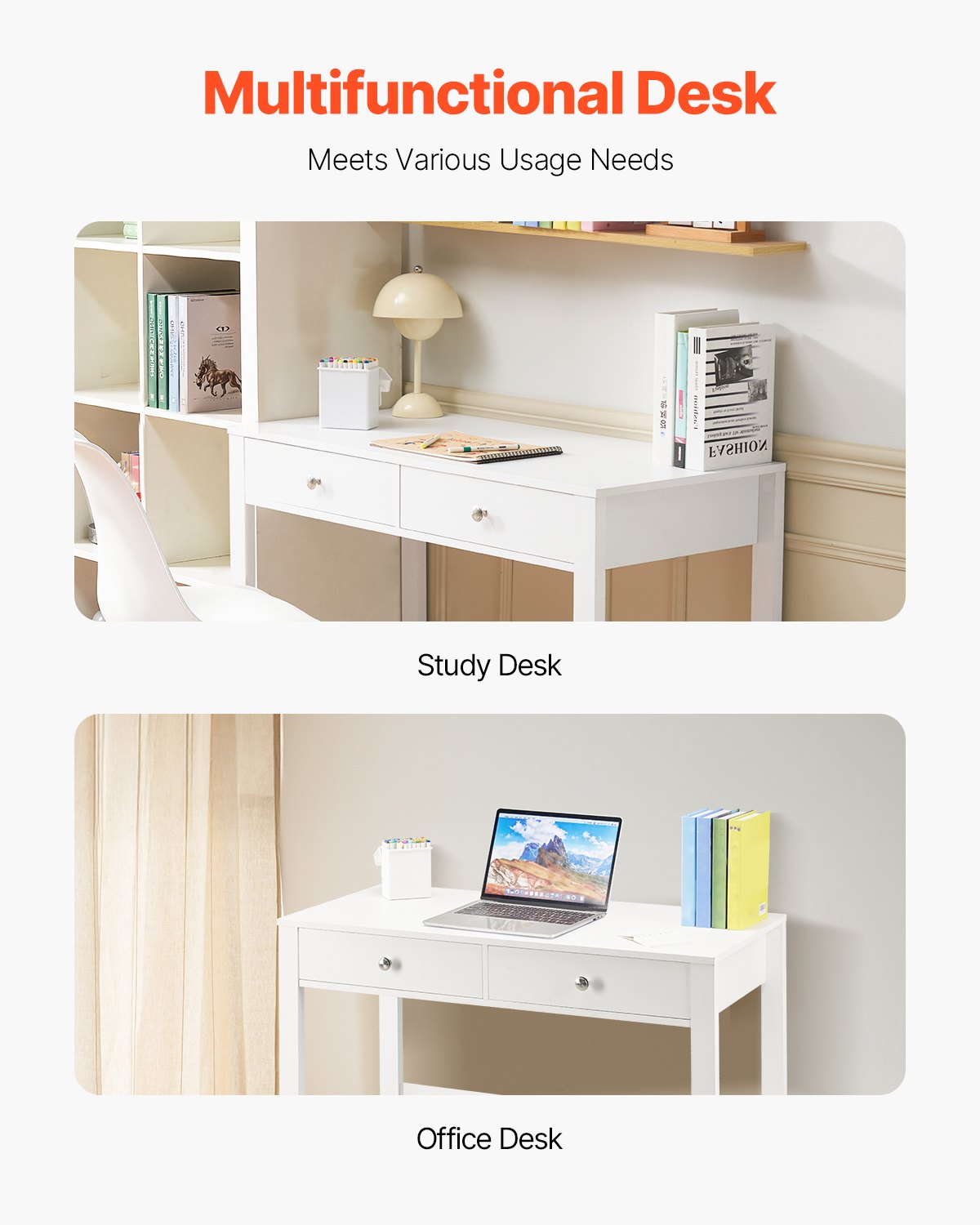 VEVOR Small Desk with Drawers, Kids Desk for Bedroom, Modern Simple Study Table for Drawing, Reading, Writing, Rectangle MDF Furniture Study Storage Table for Home, Office, White