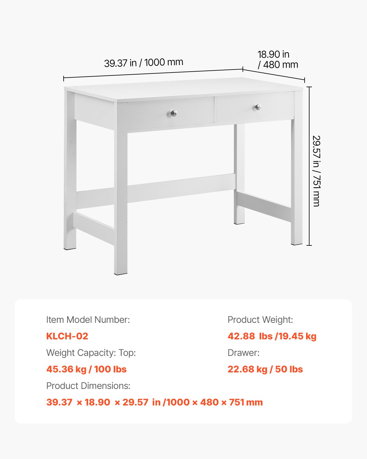 VEVOR Small Desk with Drawers, Kids Desk for Bedroom, Modern Simple Study Table for Drawing, Reading, Writing, Rectangle MDF Furniture Study Storage Table for Home, Office, White