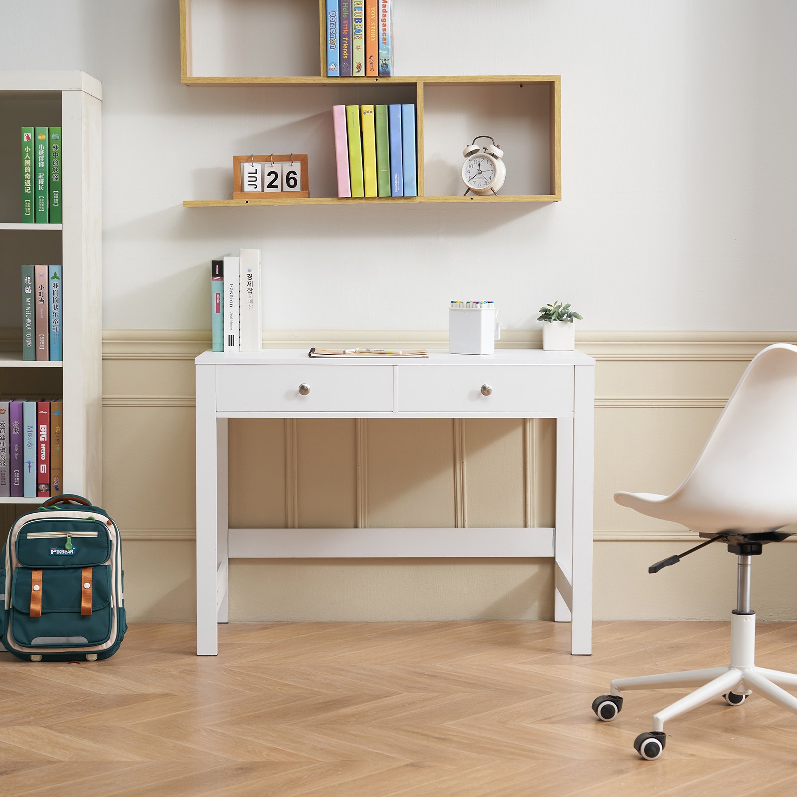 VEVOR Small Desk with Drawers, Kids Desk for Bedroom, Modern Simple Study Table for Drawing, Reading, Writing, Rectangle MDF Furniture Study Storage Table for Home, Office, White