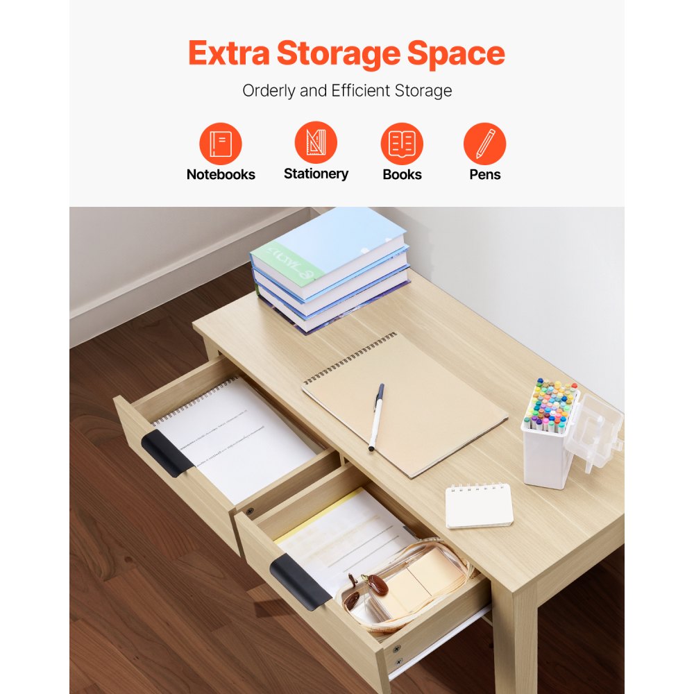 VEVOR Small Desk with Drawers, Kids Desk for Bedroom, Modern Simple Study Table for Drawing, Reading, Writing, Rectangle MDF Furniture Study Storage Table for Home, Office, Light Wood
