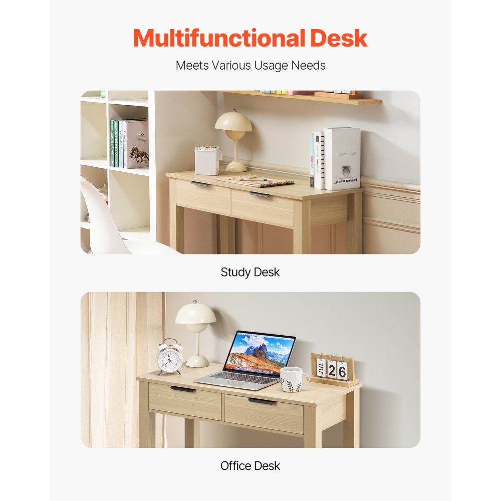 VEVOR Small Desk with Drawers, Kids Desk for Bedroom, Modern Simple Study Table for Drawing, Reading, Writing, Rectangle MDF Furniture Study Storage Table for Home, Office, Light Wood