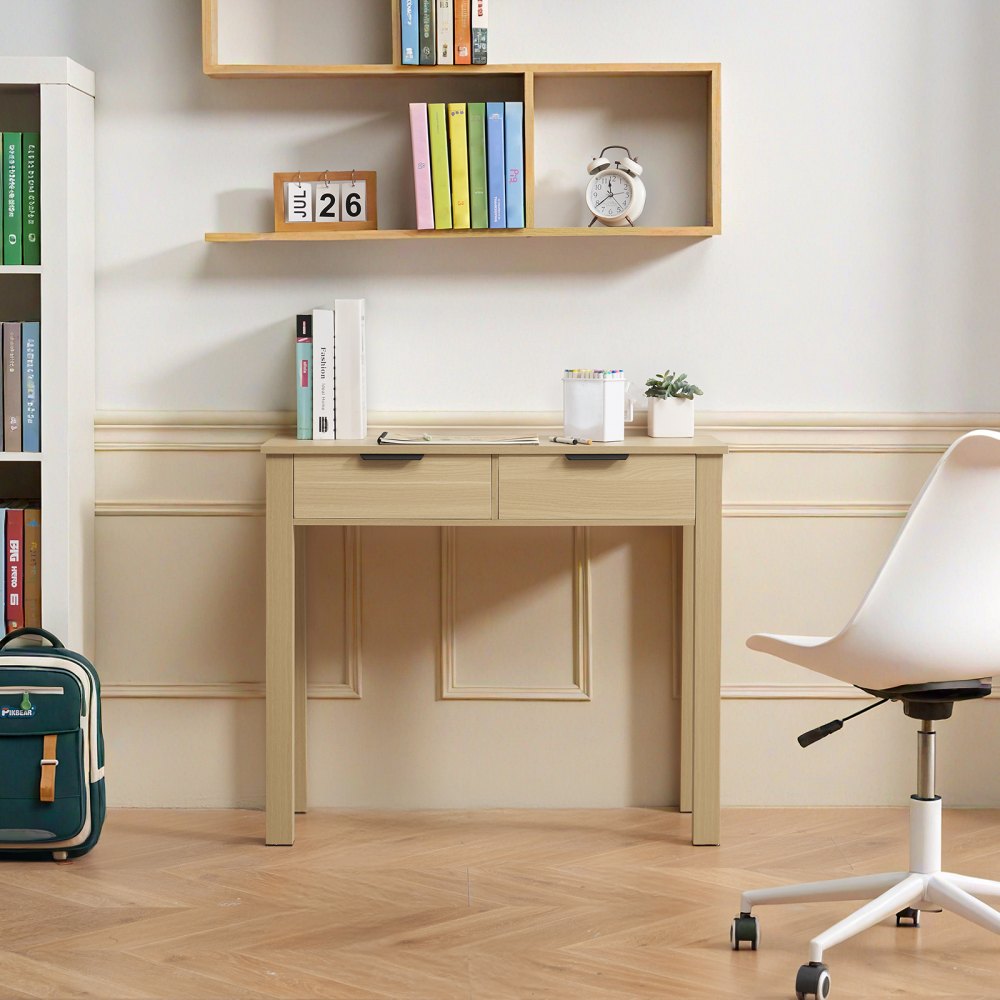 VEVOR Small Desk with Drawers, Kids Desk for Bedroom, Modern Simple Study Table for Drawing, Reading, Writing, Rectangle MDF Furniture Study Storage Table for Home, Office, Light Wood