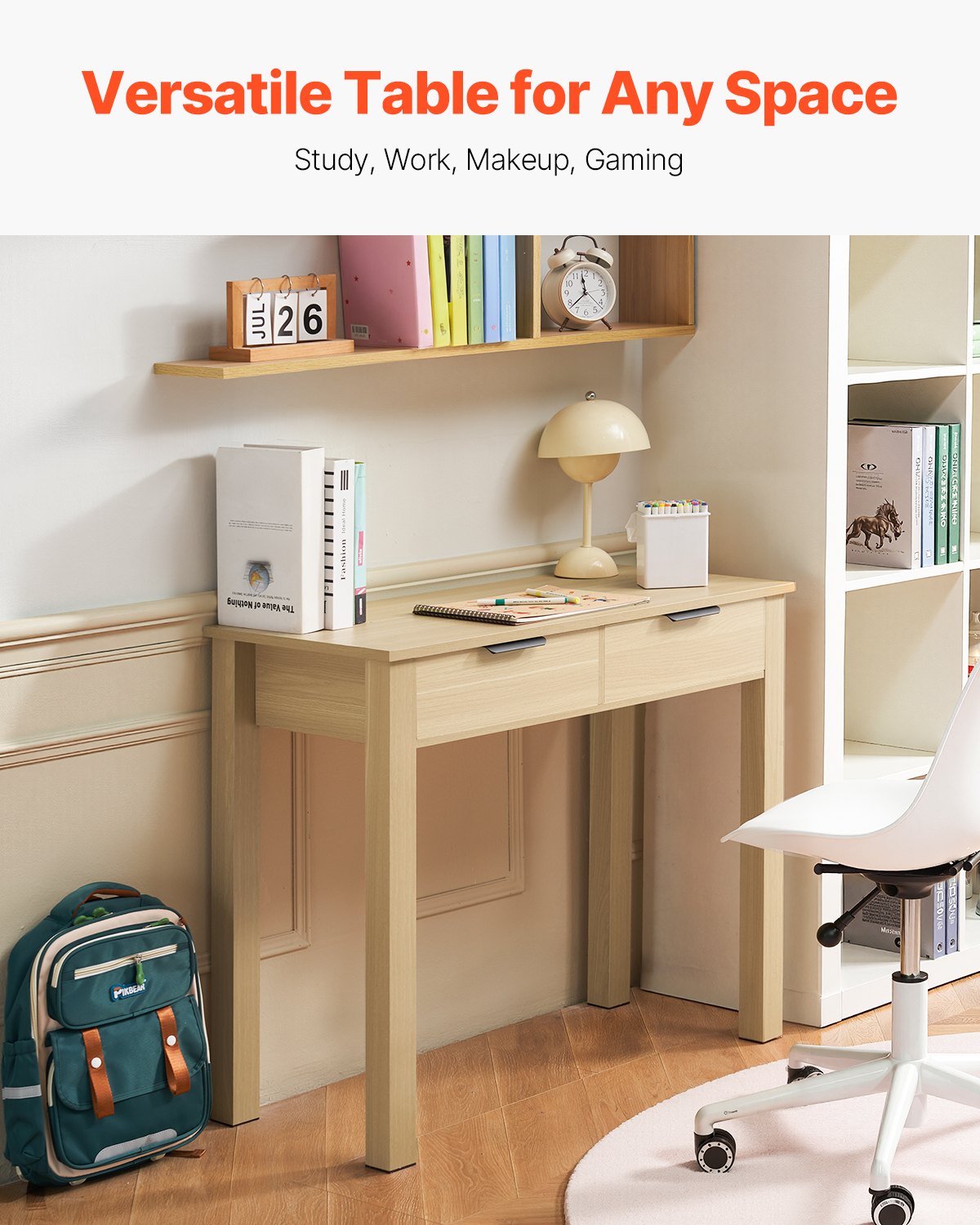 VEVOR Small Desk with Drawers, Kids Desk for Bedroom, Modern Simple Study Table for Drawing, Reading, Writing, Rectangle MDF Furniture Study Storage Table for Home, Office, Light Wood