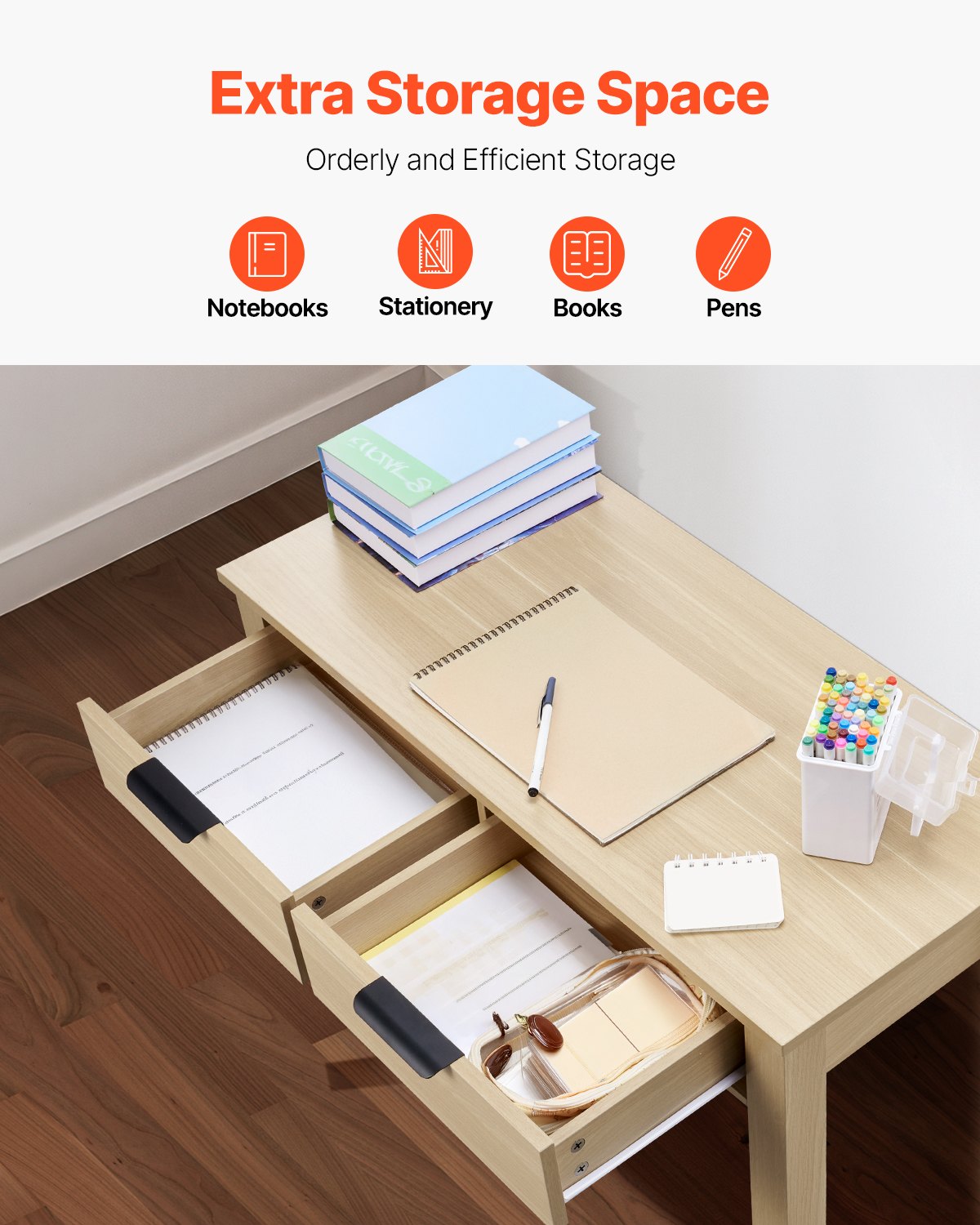 VEVOR Small Desk with Drawers, Kids Desk for Bedroom, Modern Simple Study Table for Drawing, Reading, Writing, Rectangle MDF Furniture Study Storage Table for Home, Office, Light Wood