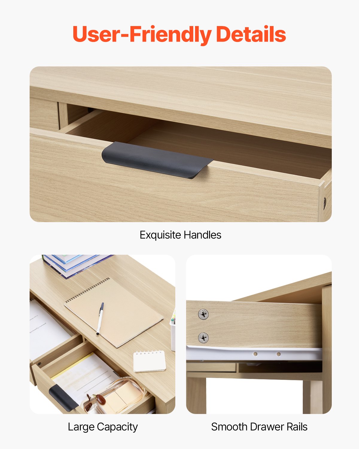 VEVOR Small Desk with Drawers, Kids Desk for Bedroom, Modern Simple Study Table for Drawing, Reading, Writing, Rectangle MDF Furniture Study Storage Table for Home, Office, Light Wood