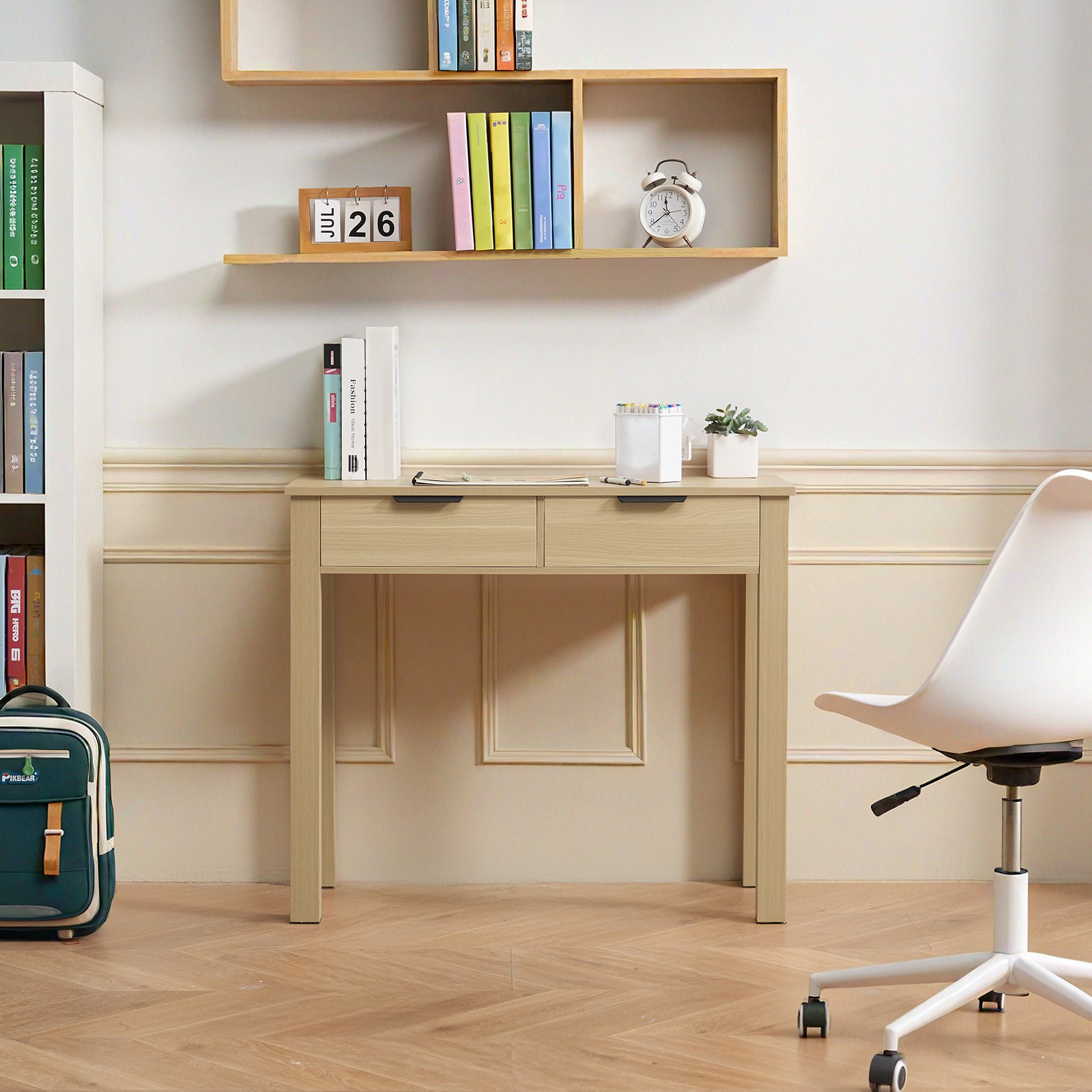 VEVOR Small Desk with Drawers, Kids Desk for Bedroom, Modern Simple Study Table for Drawing, Reading, Writing, Rectangle MDF Furniture Study Storage Table for Home, Office, Light Wood