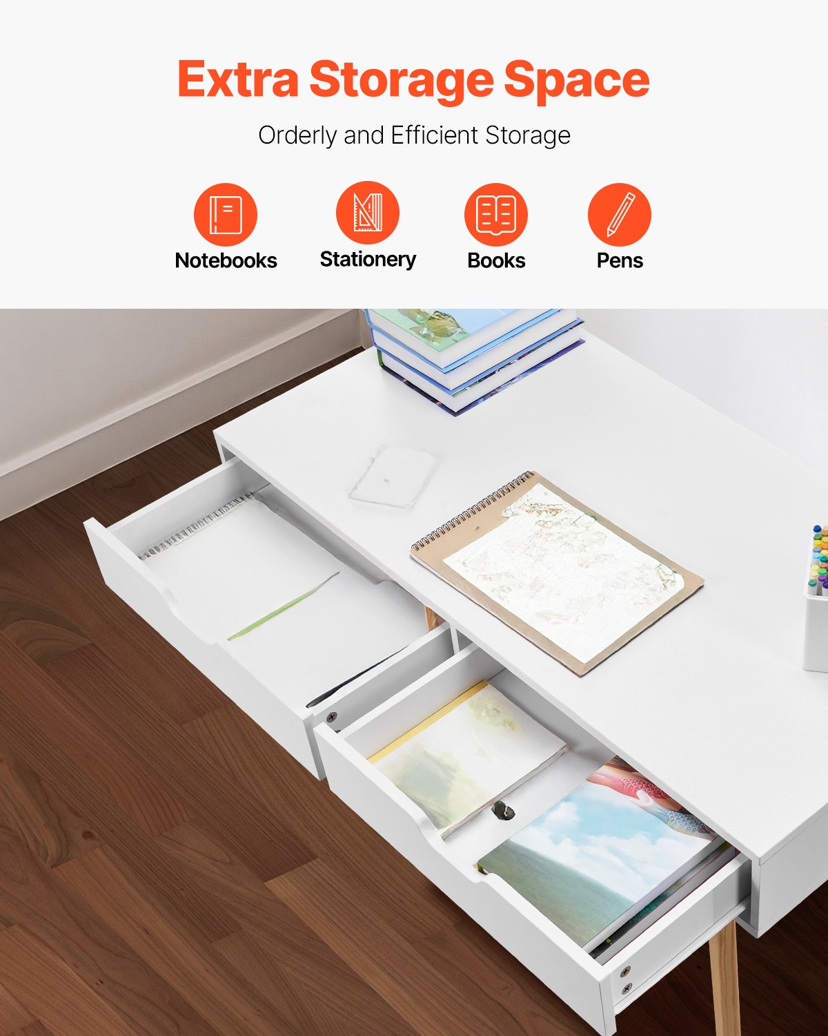 VEVOR Small Desk with Drawers, Kids Desk for Bedroom, Wooden Simple Study Table for Drawing, Reading, Writing, Rectangle MDF Furniture Study Storage Table for Home, Office, White + Wood