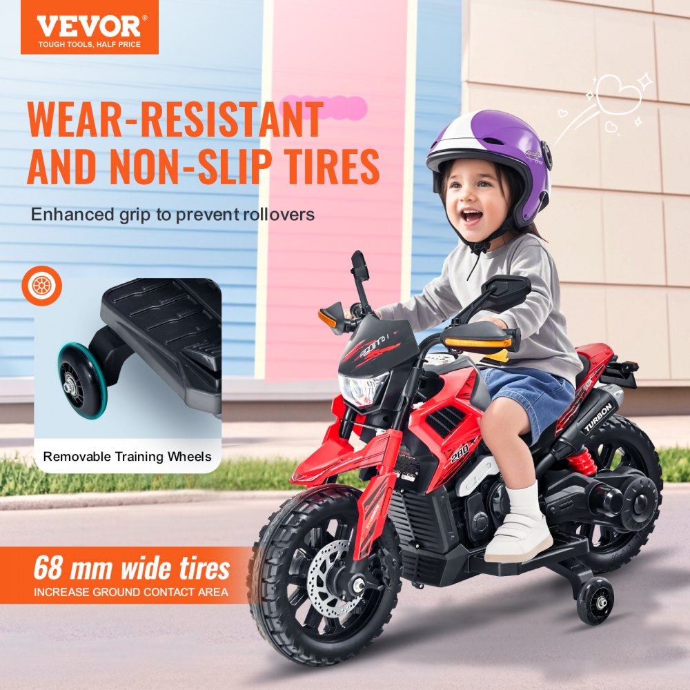 VEVOR Kids Ride On Motorcycle, 6V Battery Powered Electric Motorcycle with Speed Up to 3mph, Detachable Training Wheels, Headlight, LED Light, Music, Bluetooth, Gift for Children Boys Girls Aged 3-4
