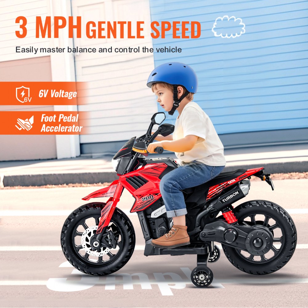 VEVOR Kids Ride On Motorcycle, 6V Battery Powered Electric Motorcycle with Speed Up to 3mph, Detachable Training Wheels, Headlight, LED Light, Music, Bluetooth, Gift for Children Boys Girls Aged 3-4