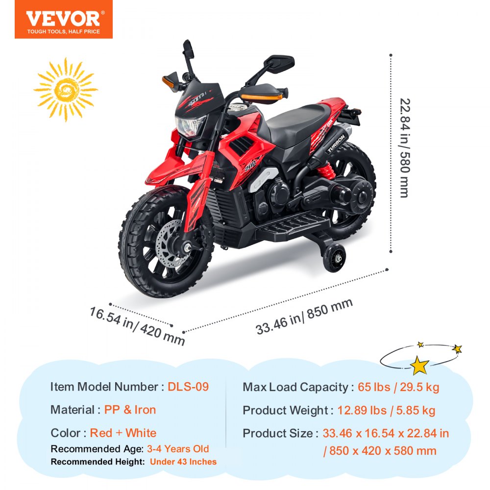 VEVOR Kids Ride On Motorcycle, 6V Battery Powered Electric Motorcycle with Speed Up to 3mph, Detachable Training Wheels, Headlight, LED Light, Music, Bluetooth, Gift for Children Boys Girls Aged 3-4