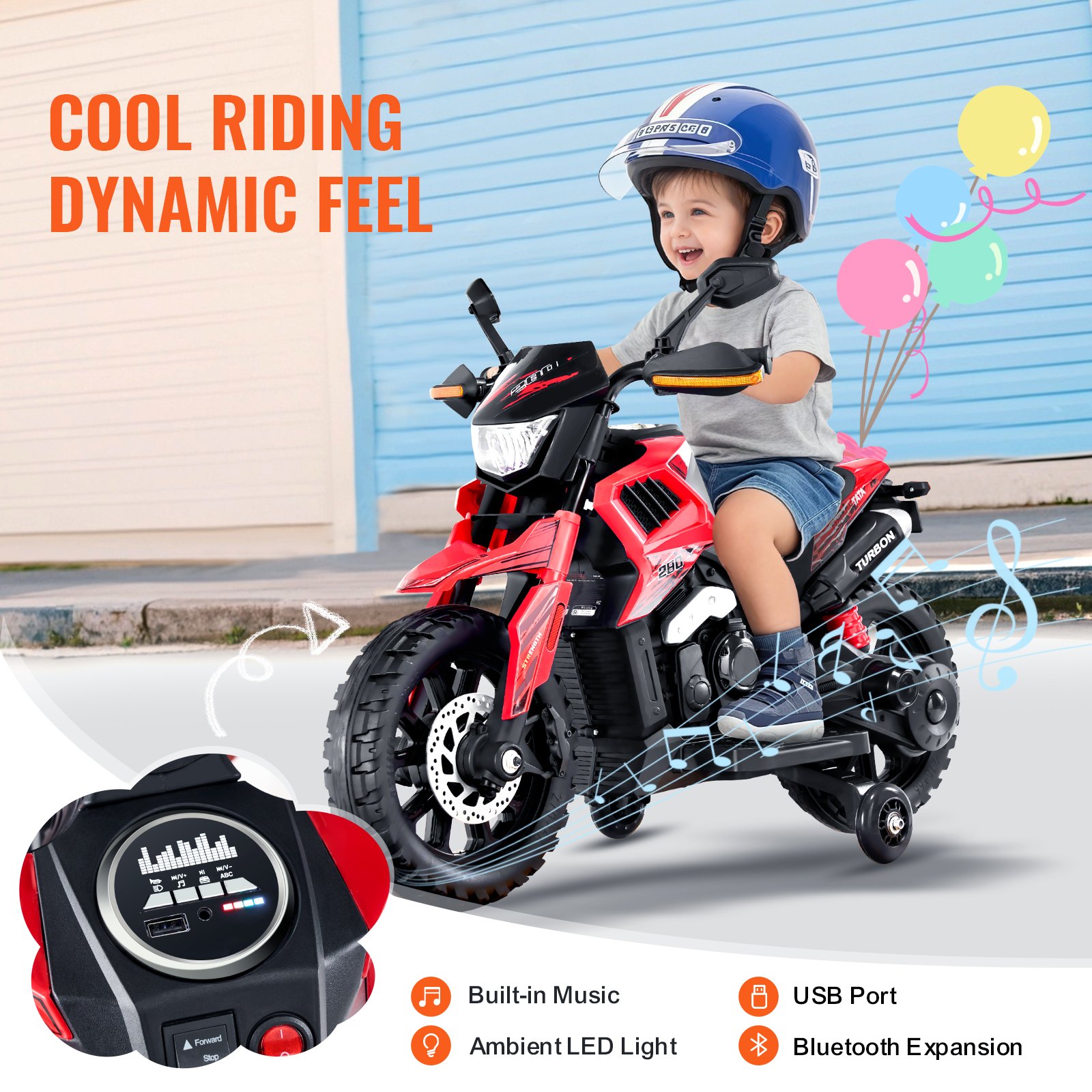 VEVOR Kids Ride On Motorcycle, 6V Battery Powered Electric Motorcycle with Speed Up to 3mph, Detachable Training Wheels, Headlight, LED Light, Music, Bluetooth, Gift for Children Boys Girls Aged 3-4