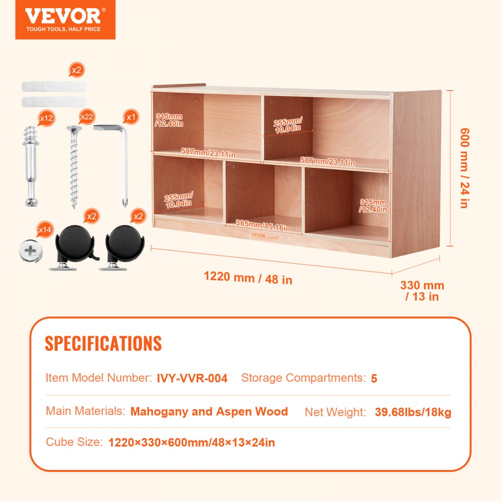 VEVOR storage shelf details, mahogany and aspen wood, 20 compartments, 1220x330x760mm, comes with manual.