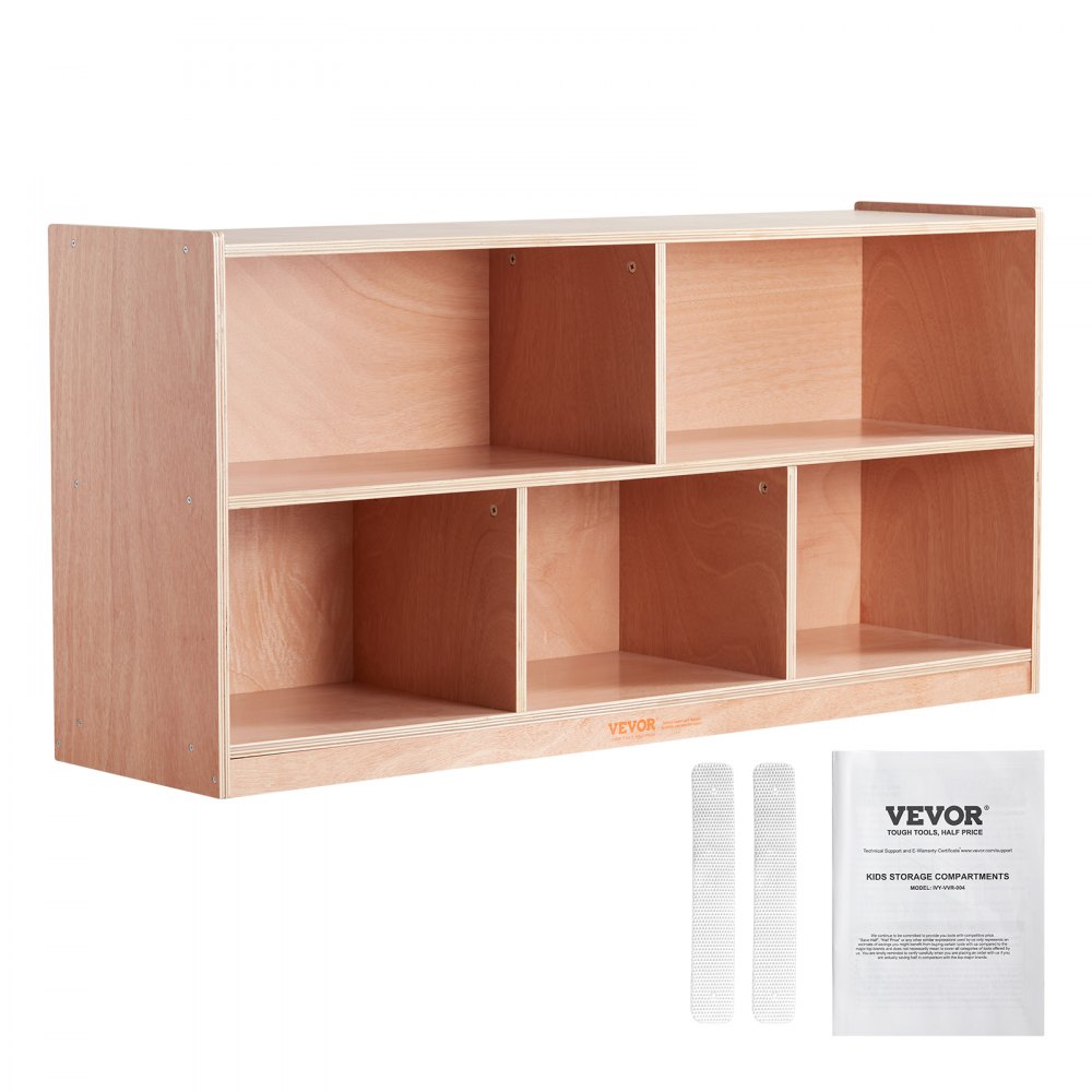 light-wood VEVOR storage shelf with multiple compartments on a white background, screws, and an instruction manual.