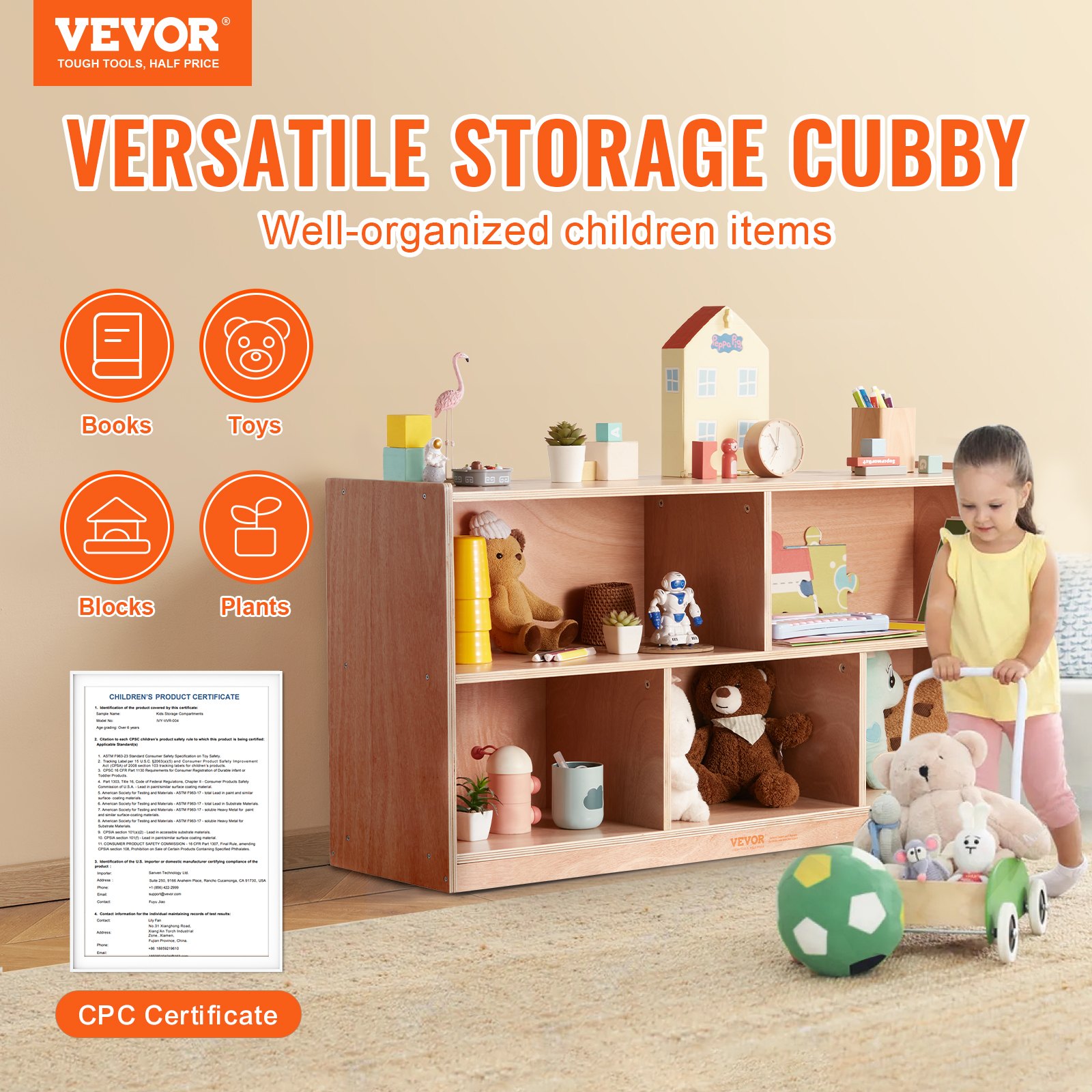VEVOR storage shelf with toys, books, plants, and blocks neatly organized in a children&#039;s room.