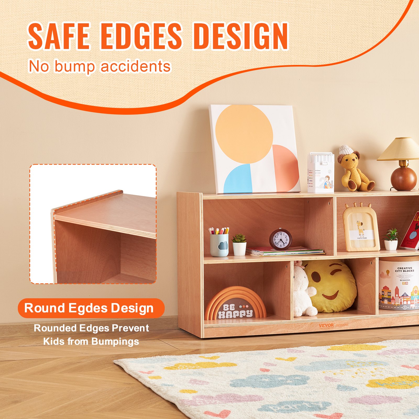 VEVOR storage shelf with safe round edges, featuring kid-friendly design and pastel-colored decor.