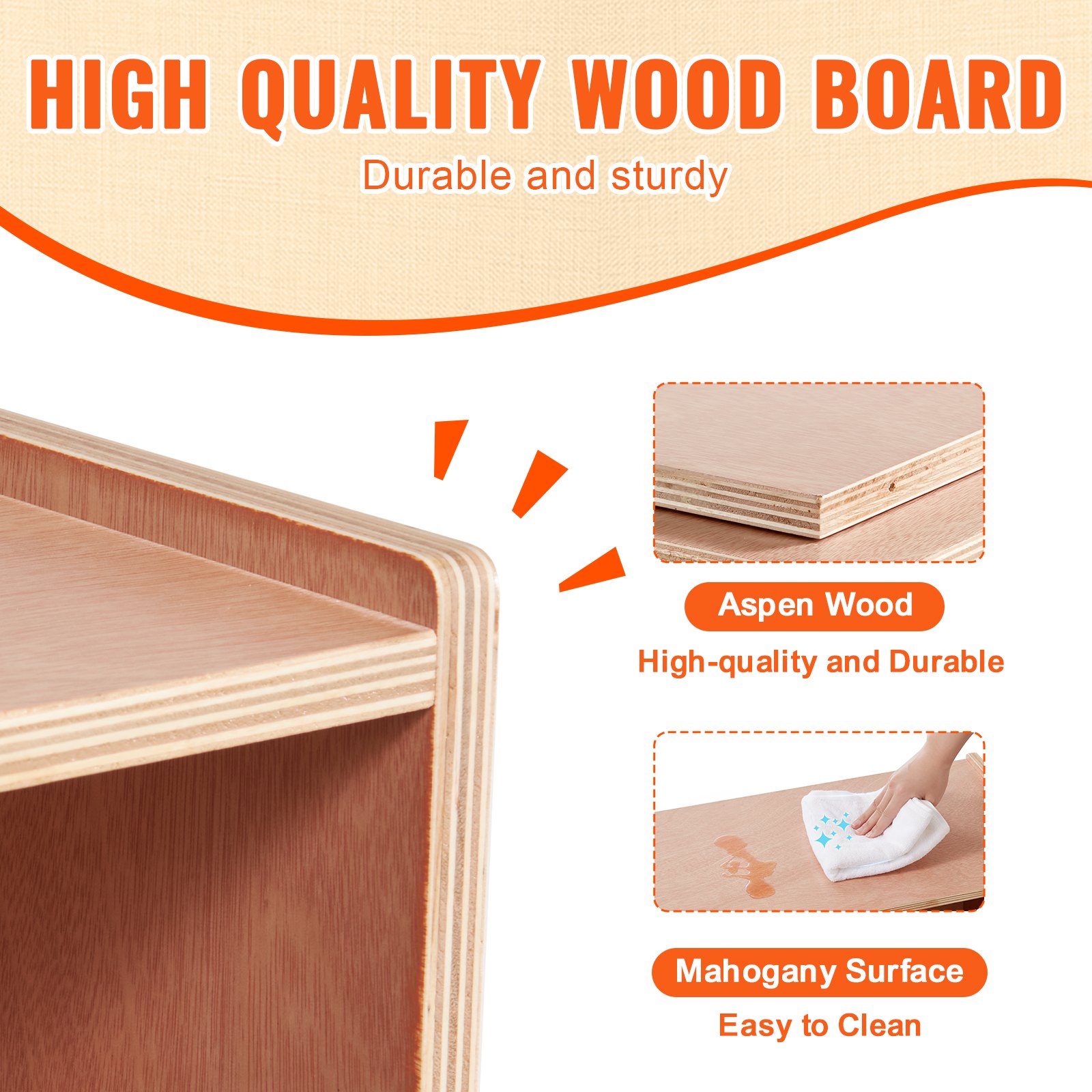high-quality aspen wood board for VEVOR storage shelf, featuring a durable mahogany surface, easy to clean.