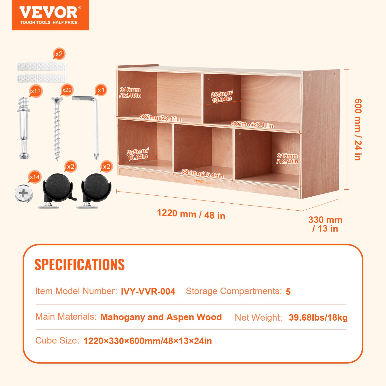 VEVOR storage shelf details, mahogany and aspen wood, 20 compartments, 1220x330x760mm, comes with manual.