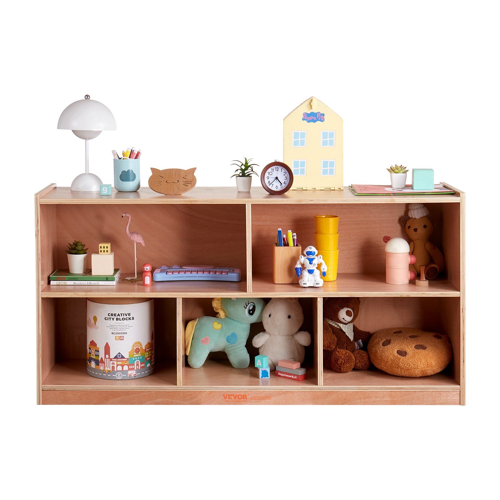 VEVOR storage shelf with toys, stuffed animals, books, and decorative items neatly organized.