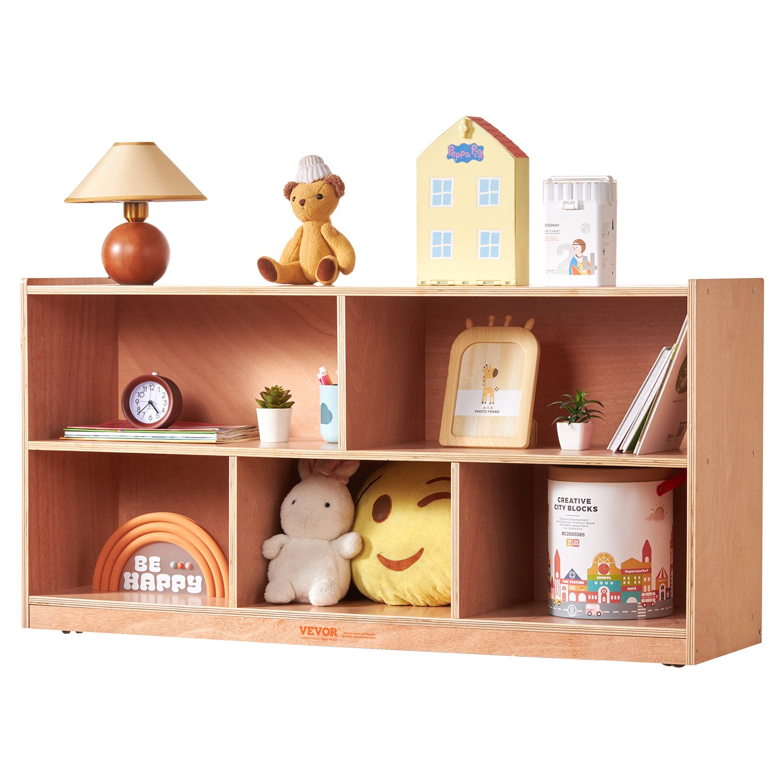 VEVOR storage shelf with toys, books, plants, and decor, ideal for organizing kids&#039; playrooms and classrooms.