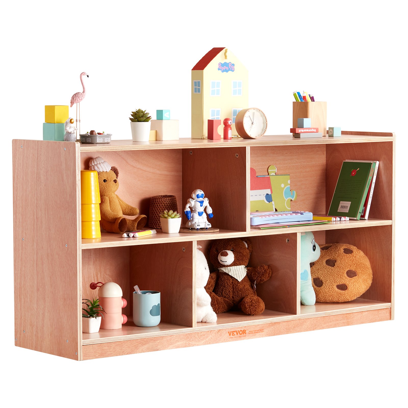 VEVOR storage shelf with toys, books, clock, and decor items in wooden compartments for kids&#039; room.