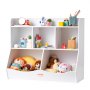 VEVOR toy storage organizer with shelves and bins filled with toys, books, and stationery.