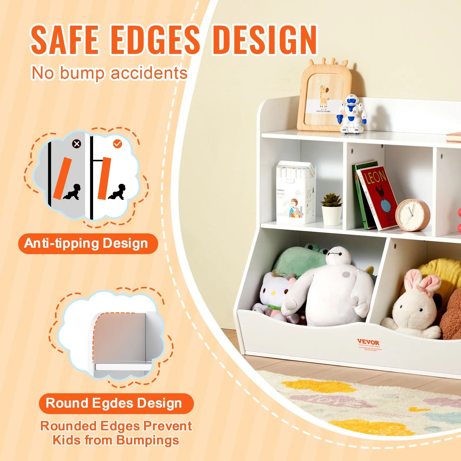 VEVOR toy storage organizer with safe edges, anti-tipping design, and rounded corners for kids&#039; safety.