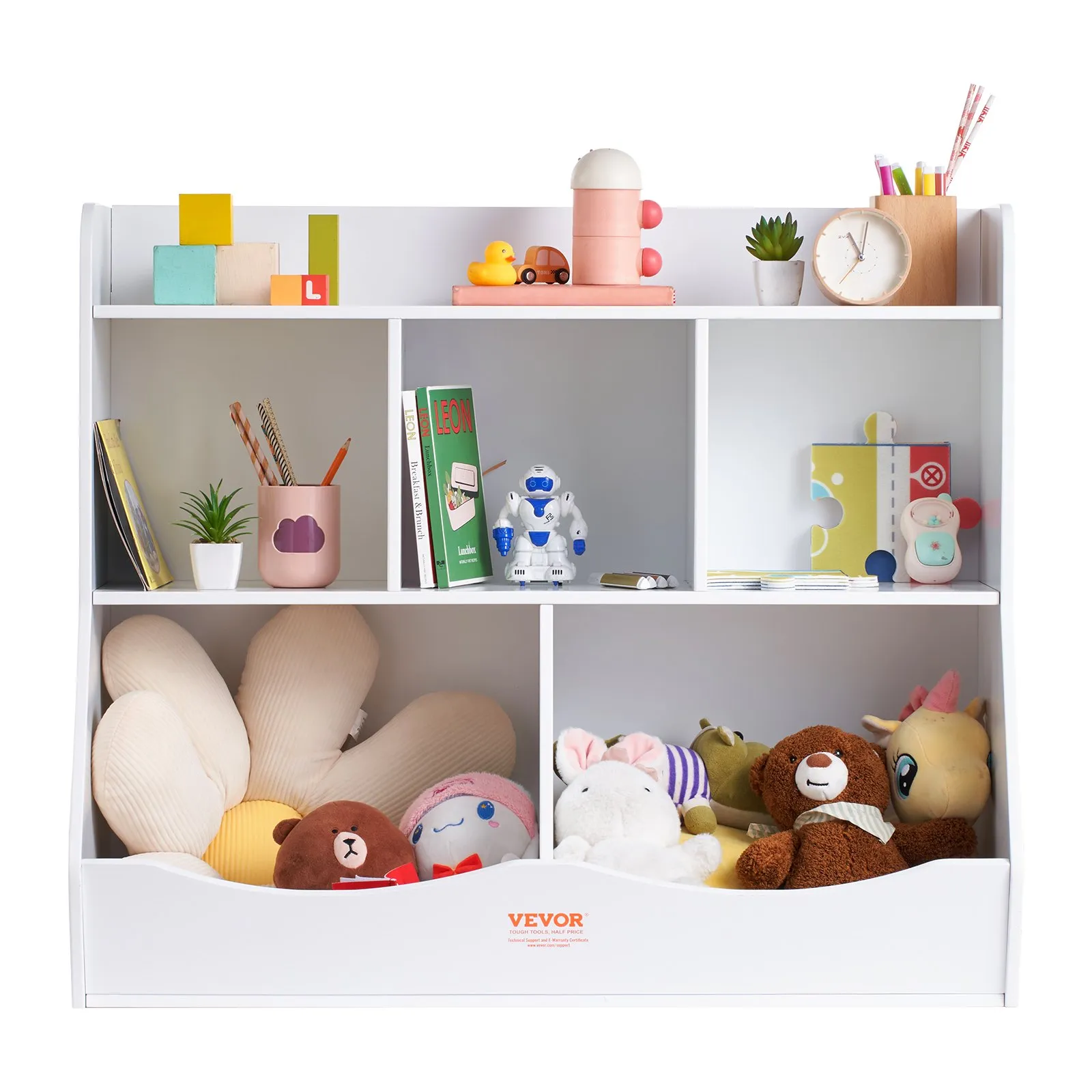 VEVOR toy storage organizer with shelves holding books, toys, stuffed animals, and decorative items.