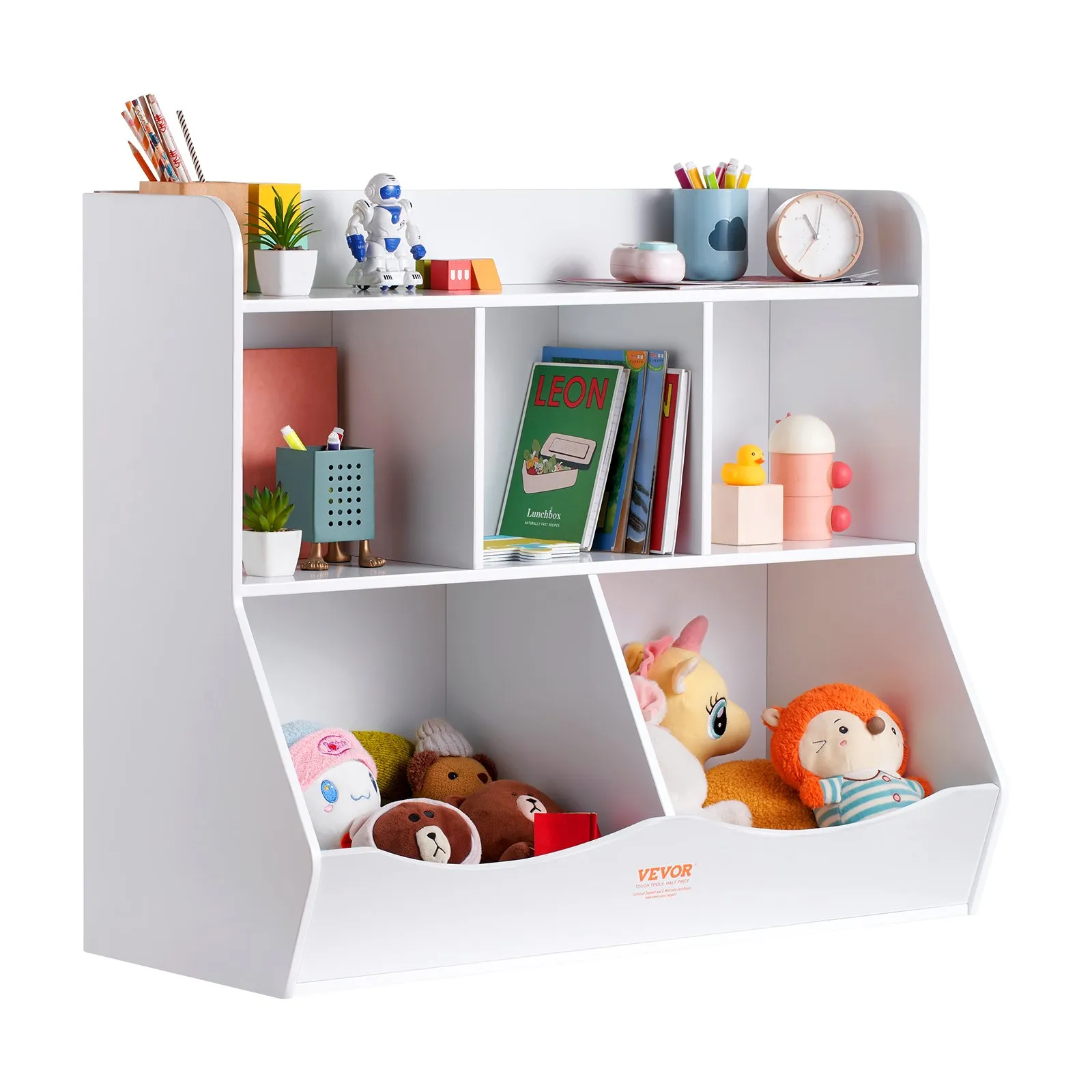 VEVOR toy storage organizer with books, toys, plants, and stationery on white shelves and bins.