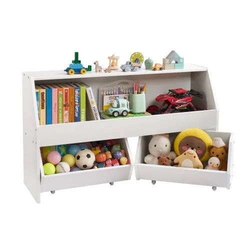 VEVOR Toy Storage Organizer, Wooden Kids Bookshelf with Storage, Toy Storage Cabinet with 2 Mobile Drawers, Kids Storage Organizer for Bedroom, Nursery, Living Room, Entryway, Preschool, White