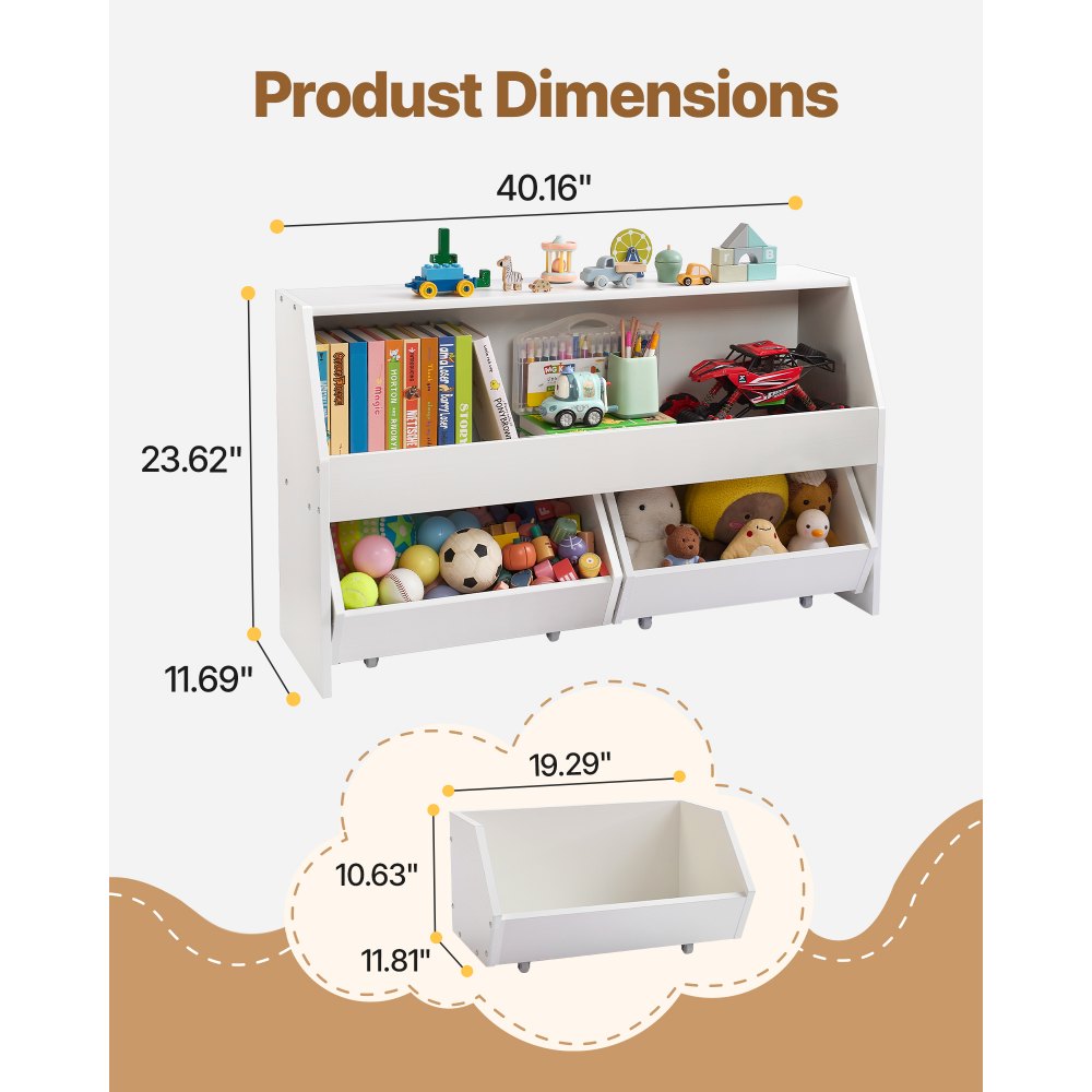 VEVOR Toy Storage Organizer, Wooden Kids Bookshelf with Storage, Toy Storage Cabinet with 2 Mobile Drawers, Kids Storage Organizer for Bedroom, Nursery, Living Room, Entryway, Preschool, White