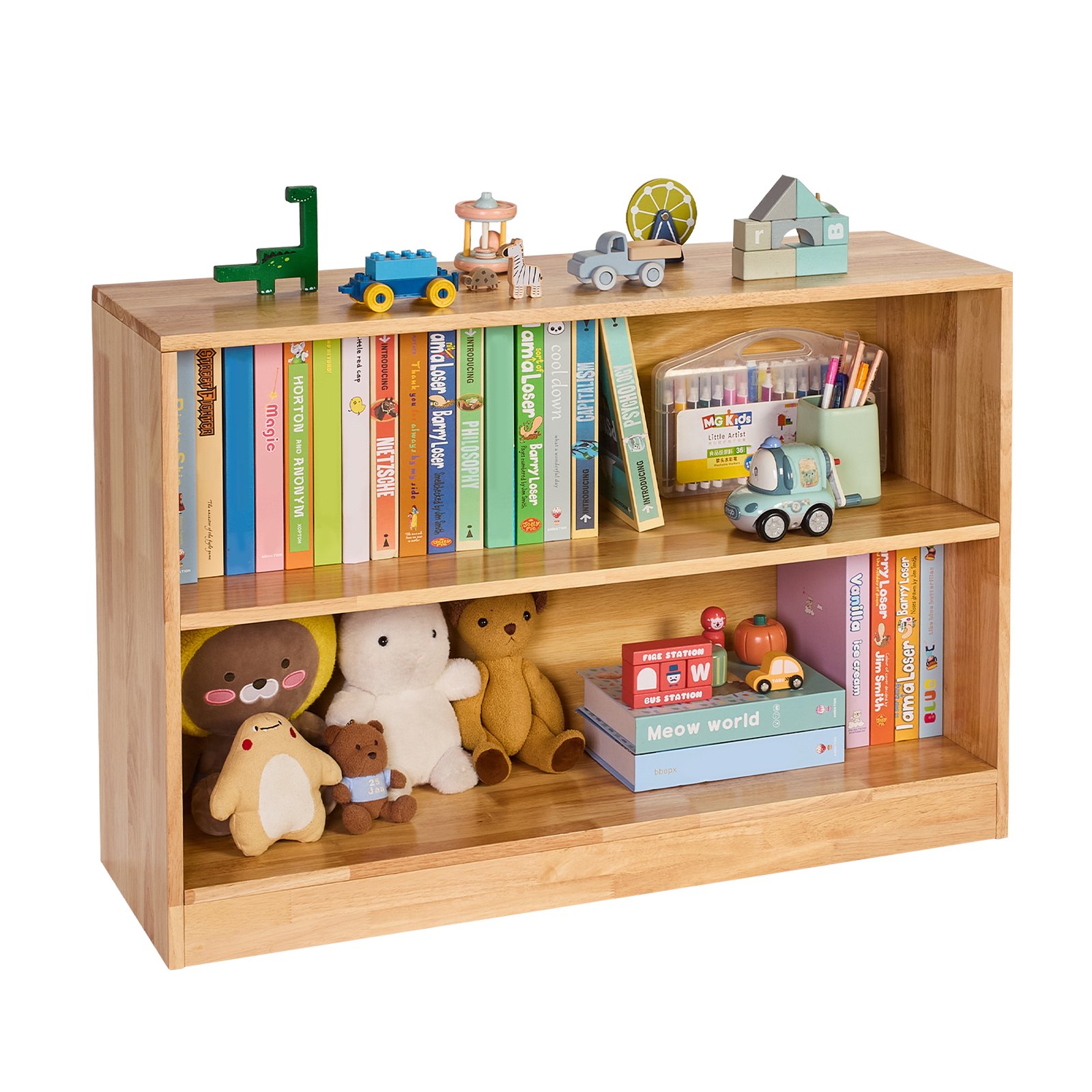 VEVOR Montessori Bookshelf, 870 mm Width Toy Storage Organizer,  2-Tier Kids Display Storage Cabinet, Daycare Furniture, Kids Bookshelf for Bedroom, Nursery, Living Room, Entryway, Preschool, Brown