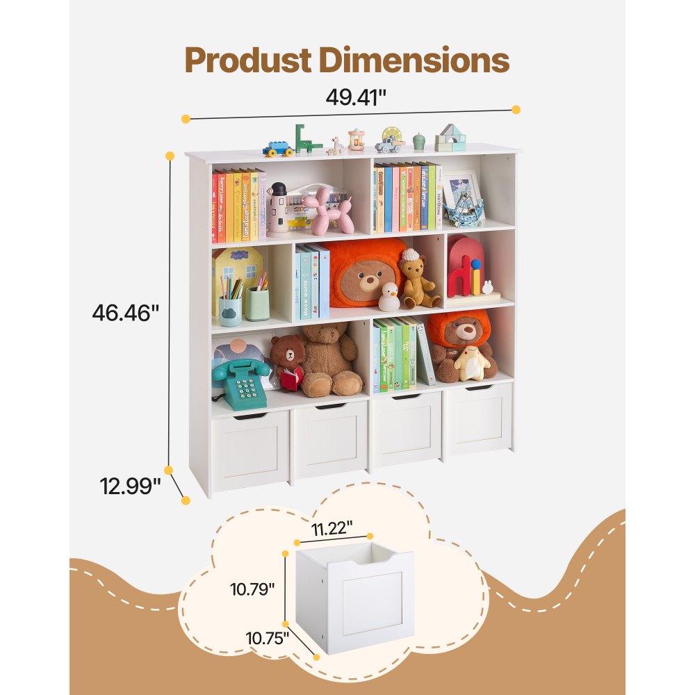 VEVOR Toy Storage Organizer, Wooden Kids Bookshelf with Storage, Toy Storage Cabinet with 4 Mobile Drawers, Kids Storage Organizer for Bedroom, Nursery, Living Room, Entryway, Preschool, White