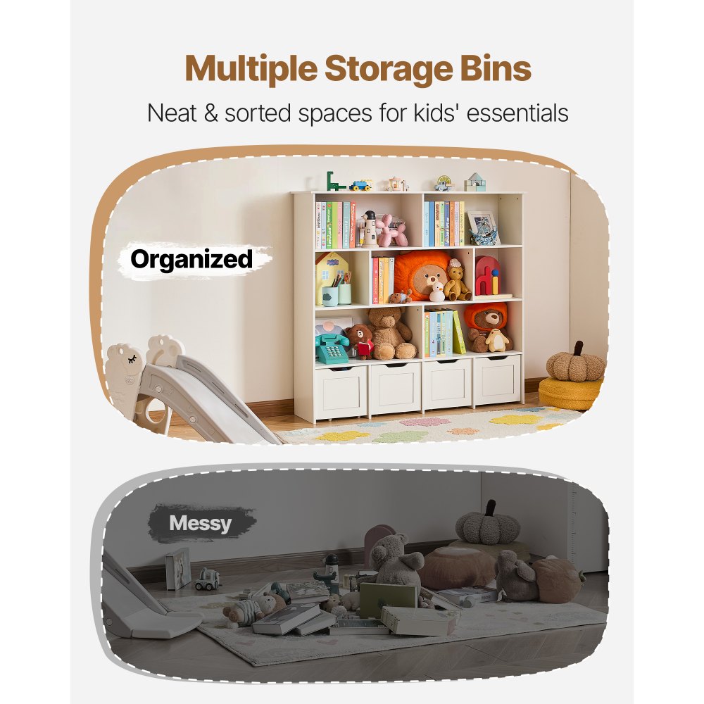 VEVOR Toy Storage Organizer, Wooden Kids Bookshelf with Storage, Toy Storage Cabinet with 4 Mobile Drawers, Kids Storage Organizer for Bedroom, Nursery, Living Room, Entryway, Preschool, White