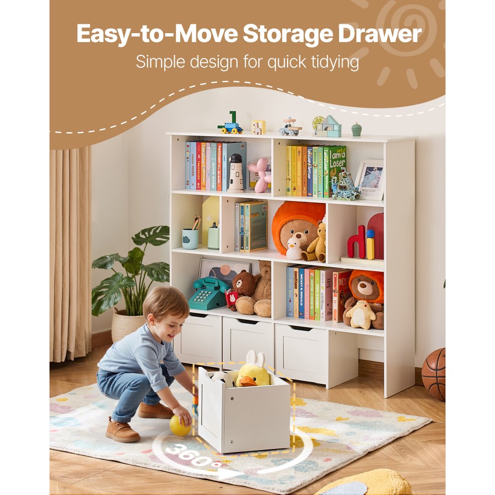 VEVOR Toy Storage Organizer, Wooden Kids Bookshelf with Storage, Toy Storage Cabinet with 4 Mobile Drawers, Kids Storage Organizer for Bedroom, Nursery, Living Room, Entryway, Preschool, White