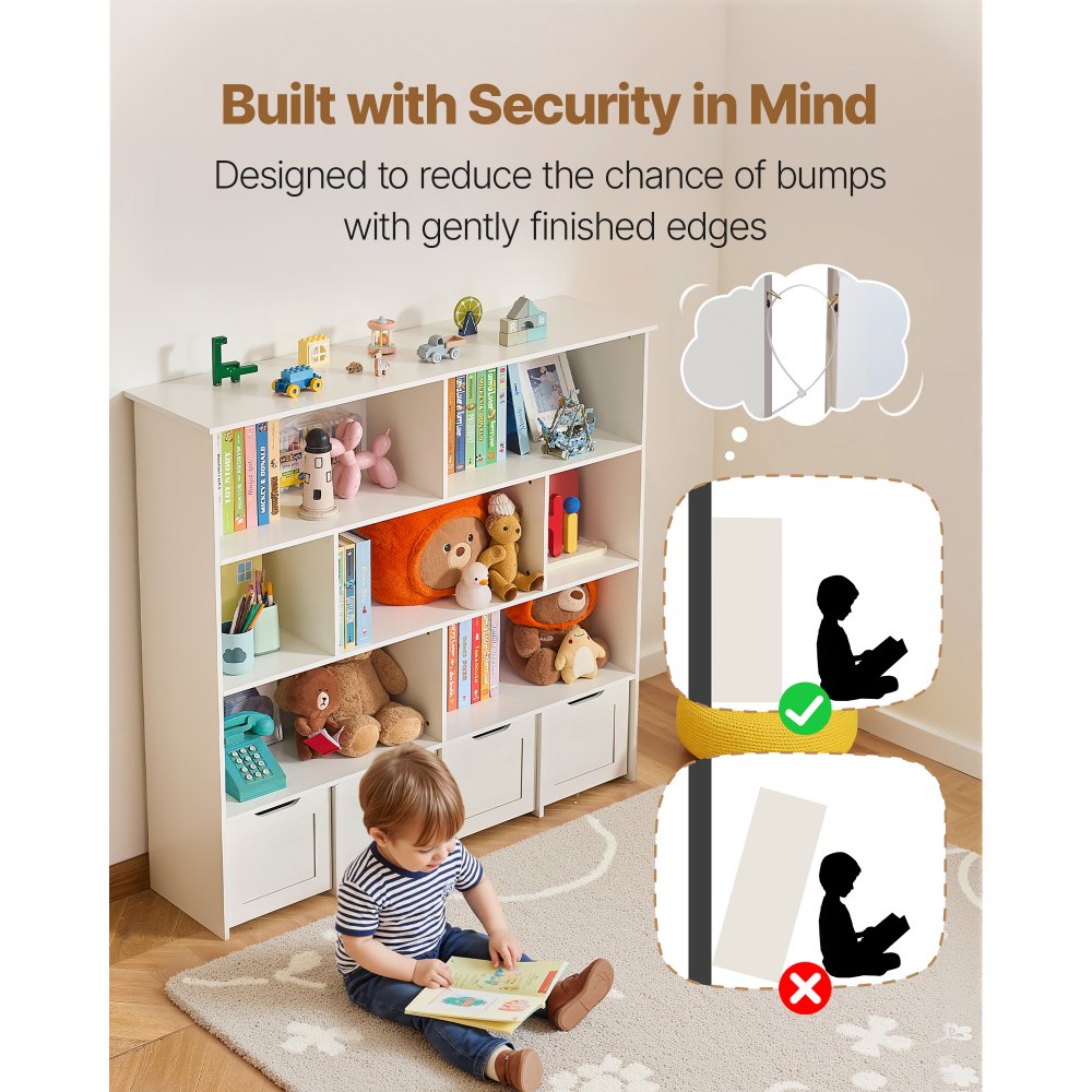 VEVOR Toy Storage Organizer, Wooden Kids Bookshelf with Storage, Toy Storage Cabinet with 4 Mobile Drawers, Kids Storage Organizer for Bedroom, Nursery, Living Room, Entryway, Preschool, White