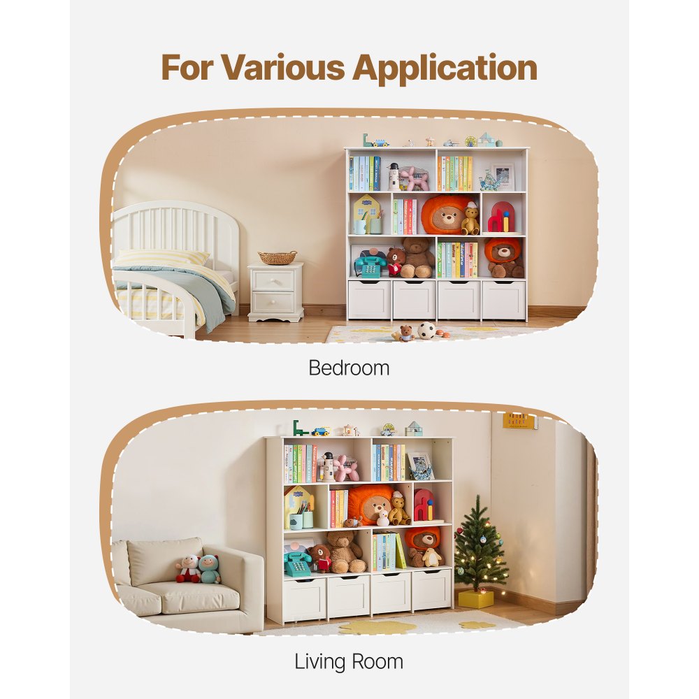 VEVOR Toy Storage Organizer, Wooden Kids Bookshelf with Storage, Toy Storage Cabinet with 4 Mobile Drawers, Kids Storage Organizer for Bedroom, Nursery, Living Room, Entryway, Preschool, White