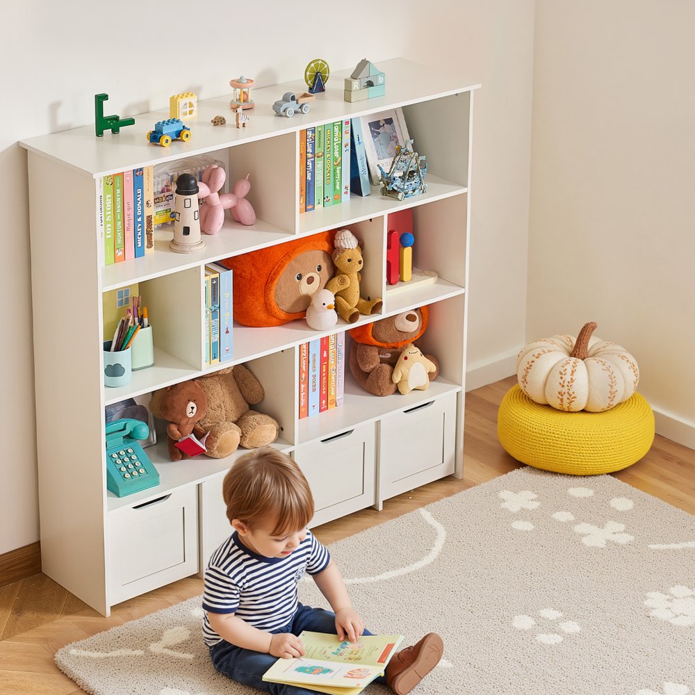 VEVOR Toy Storage Organizer, Wooden Kids Bookshelf with Storage, Toy Storage Cabinet with 4 Mobile Drawers, Kids Storage Organizer for Bedroom, Nursery, Living Room, Entryway, Preschool, White