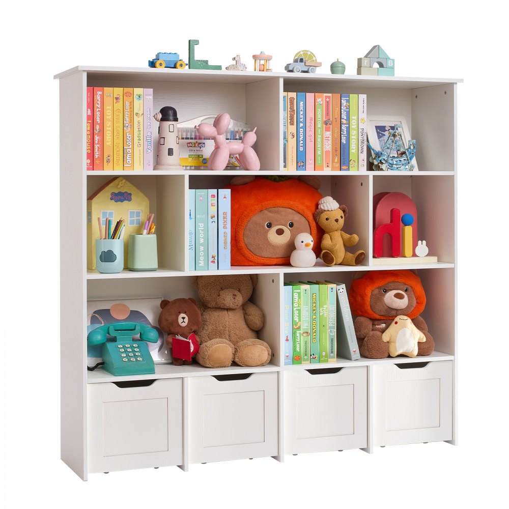 VEVOR Toy Storage Organizer, Wooden Kids Bookshelf with Storage, Toy Storage Cabinet with 4 Mobile Drawers, Kids Storage Organizer for Bedroom, Nursery, Living Room, Entryway, Preschool, White