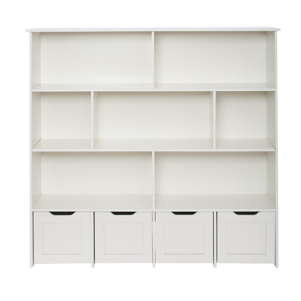 VEVOR Toy Storage Organizer, Wooden Kids Bookshelf with Storage, Toy Storage Cabinet with 4 Mobile Drawers, Kids Storage Organizer for Bedroom, Nursery, Living Room, Entryway, Preschool, White