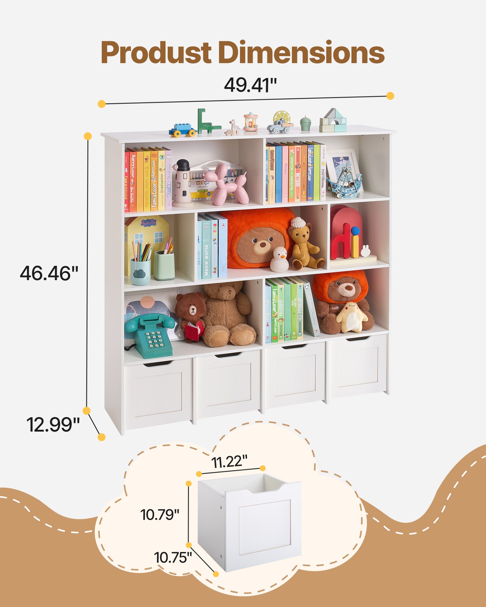 VEVOR Toy Storage Organizer, Wooden Kids Bookshelf with Storage, Toy Storage Cabinet with 4 Mobile Drawers, Kids Storage Organizer for Bedroom, Nursery, Living Room, Entryway, Preschool, White